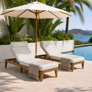 English Elm Topmax Acacia Wood Outdoor Chaise Lounge Set of 2 with Adjustable Backrest Poolside Beige SP100042AAA