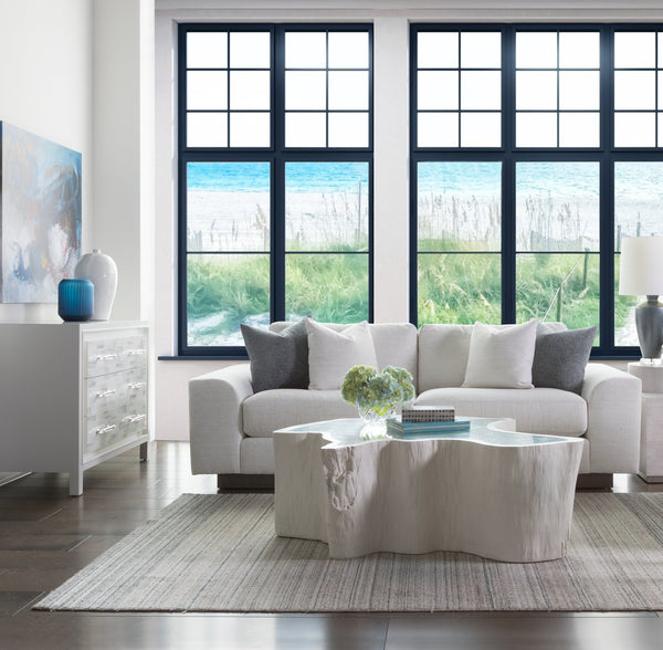 Lexington Artistica Home Capitola Asymmetrical Cocktail Table - Stunning Organic Design With Antique Silver Leaf Glass Top White Wood 2356-949