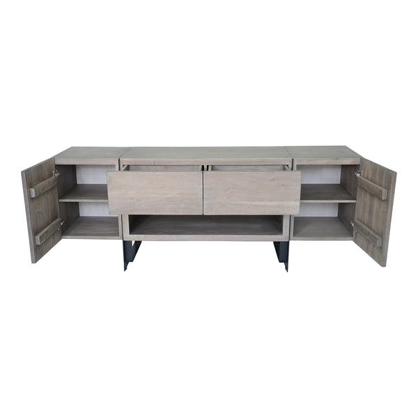 Moe's Home Tiburon Contemporary Media Cabinet With Solid Acacia Wood, Sleek Iron Base, And Ample Storage Space Grey Solid Acacia,Iron Base Sr-1073-29-0