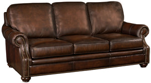 Hooker Furniture Montgomery Top Grain Leather Sofa with Nailhead Trim and Walnut Bun Feet SS185-03-089