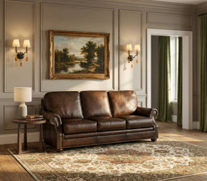 Hooker Furniture Montgomery Top Grain Leather Sofa with Nailhead Trim and Walnut Bun Feet SS185-03-089