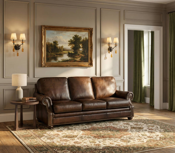 Hooker Furniture Montgomery Top Grain Leather Sofa with Nailhead Trim and Walnut Bun Feet SS185-03-089