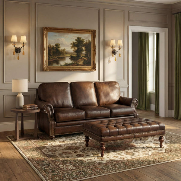 Hooker Furniture Montgomery Top Grain Leather Sofa with Nailhead Trim and Walnut Bun Feet SS185-03-089