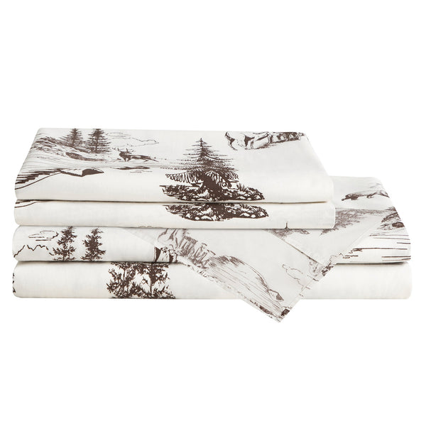 Hiend Accents 200tc Cotton Pine Sheet Set - Embrace Nature’S Beauty With Elegant Mountain Wildlife Designs White 100% Cotton Ss2239-qn-wh