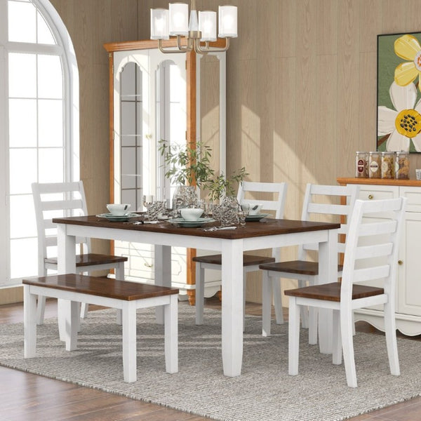 English Elm Trexm Farmhouse Six Piece Dining Set with Rubberwood Legs Distressed Walnut Finish Walnut + Cottage White ST000042AAA-2026