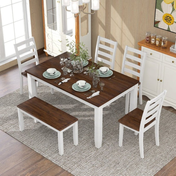 English Elm Trexm Farmhouse Six Piece Dining Set with Rubberwood Legs Distressed Walnut Finish Walnut + Cottage White ST000042AAA-2026