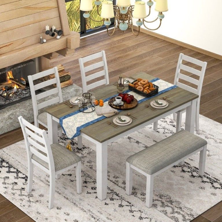 English Elm Trexm Farmhouse Six Piece Dining Set with Rubberwood Legs Distressed Walnut Finish Brown + Whitewash ST000042AAD-2026