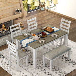 English Elm Trexm Farmhouse Six Piece Dining Set with Rubberwood Legs Distressed Walnut Finish Brown + Whitewash ST000042AAD-2026