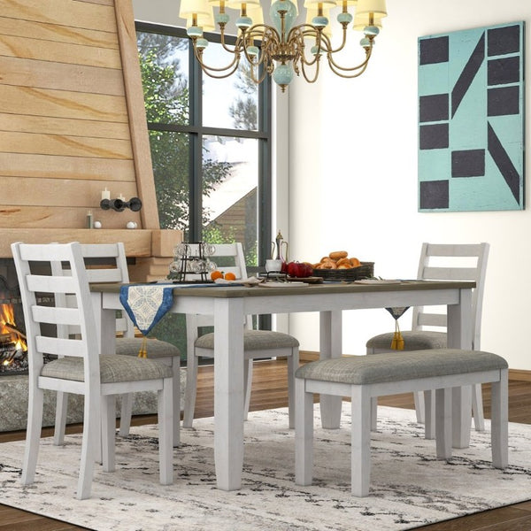 English Elm Trexm Farmhouse Six Piece Dining Set with Rubberwood Legs Distressed Walnut Finish Brown + Whitewash ST000042AAD-2026