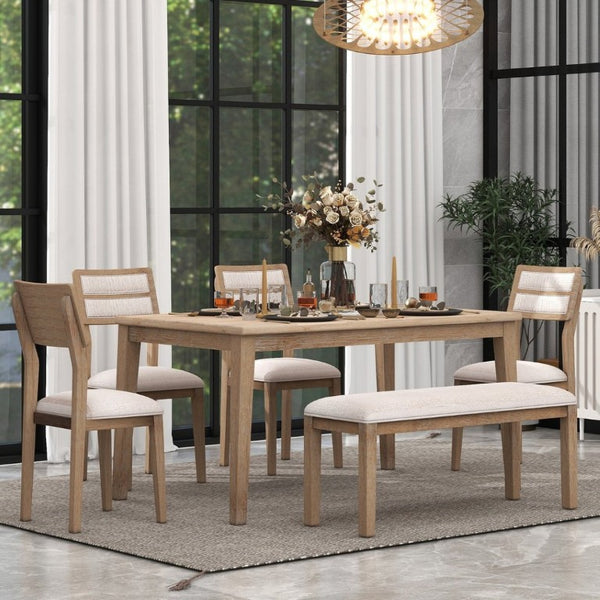 English Elm Trexm Six Piece Farmhouse Dining Set with Upholstered Chairs Bench and Veneer Table Natural Wood Wash ST000043AAE-2026