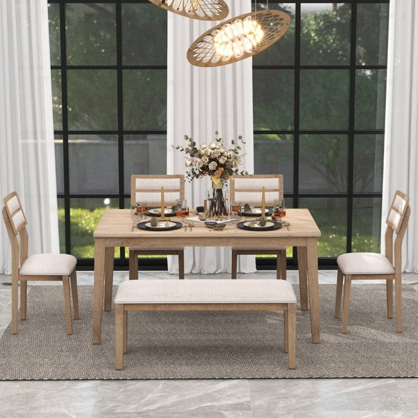 English Elm Trexm Six Piece Farmhouse Dining Set with Upholstered Chairs Bench and Veneer Table Natural Wood Wash ST000043AAE-2026