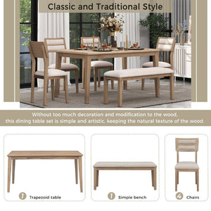 English Elm Trexm Six Piece Farmhouse Dining Set with Upholstered Chairs Bench and Veneer Table Natural Wood Wash ST000043AAE-2026