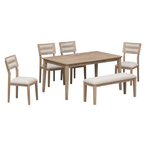 English Elm Trexm Six Piece Farmhouse Dining Set with Upholstered Chairs Bench and Veneer Table Natural Wood Wash ST000043AAE-2026