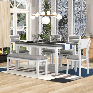 English Elm Trexm Six Piece Farmhouse Dining Set with Upholstered Chairs Bench and Veneer Table White+Gray ST000043AAK-2026