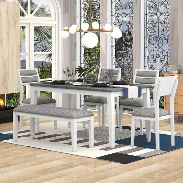 English Elm Trexm Six Piece Farmhouse Dining Set with Upholstered Chairs Bench and Veneer Table White+Gray ST000043AAK-2026