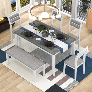 English Elm Trexm Six Piece Farmhouse Dining Set with Upholstered Chairs Bench and Veneer Table White+Gray ST000043AAK-2026