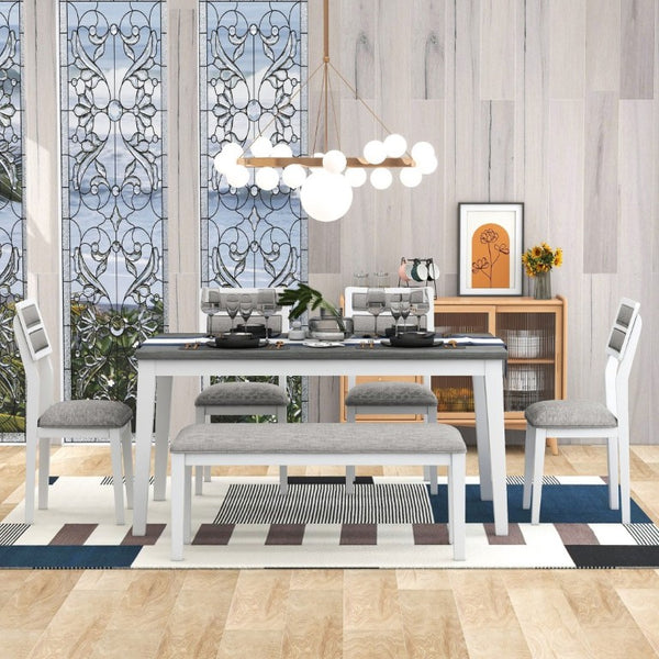 English Elm Trexm Six Piece Farmhouse Dining Set with Upholstered Chairs Bench and Veneer Table White+Gray ST000043AAK-2026