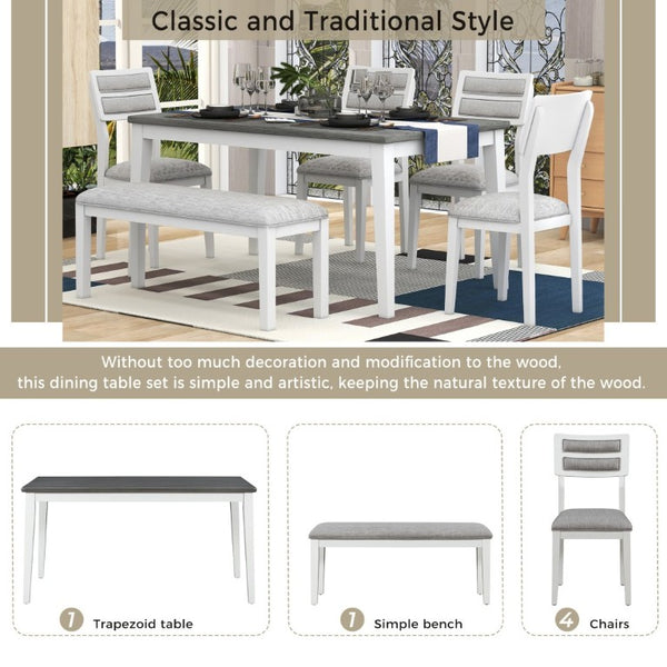 English Elm Trexm Six Piece Farmhouse Dining Set with Upholstered Chairs Bench and Veneer Table White+Gray ST000043AAK-2026