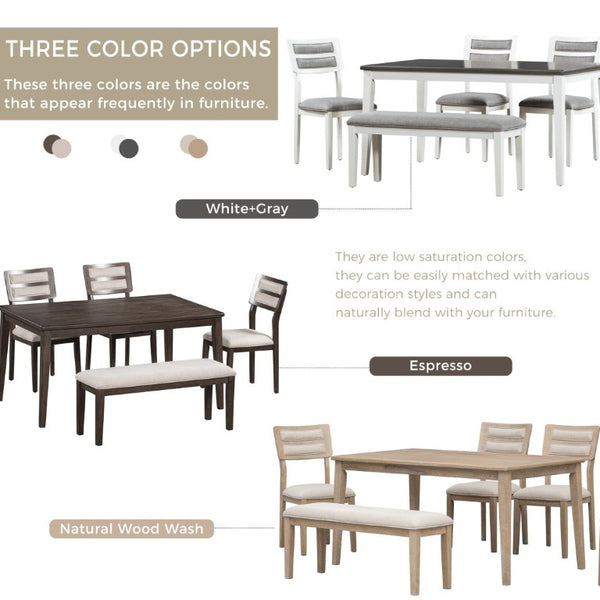 English Elm Trexm Six Piece Farmhouse Dining Set with Upholstered Chairs Bench and Veneer Table White+Gray ST000043AAK-2026