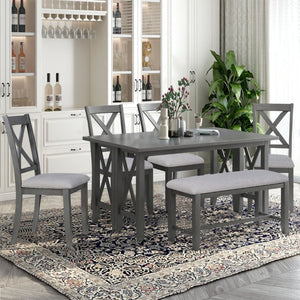 English Elm Trexm Foldable Solid Rubberwood 6 Person Dining Set with Bench and X Detail Chairs ST000046AAE-2026