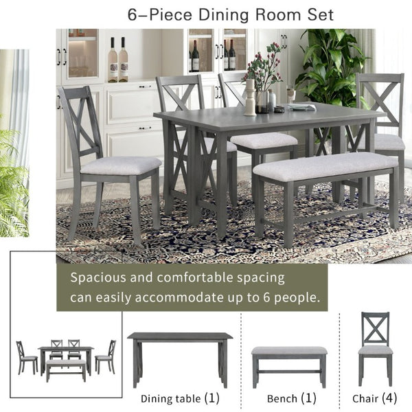 English Elm Trexm Foldable Solid Rubberwood 6 Person Dining Set with Bench and X Detail Chairs ST000046AAE-2026