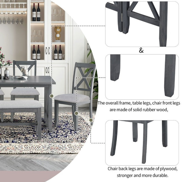 English Elm Trexm Foldable Solid Rubberwood 6 Person Dining Set with Bench and X Detail Chairs ST000046AAE-2026