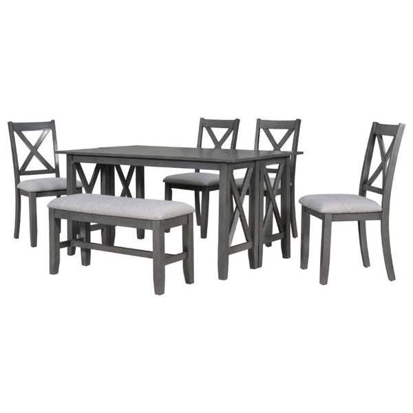 English Elm Trexm Foldable Solid Rubberwood 6 Person Dining Set with Bench and X Detail Chairs ST000046AAE-2026