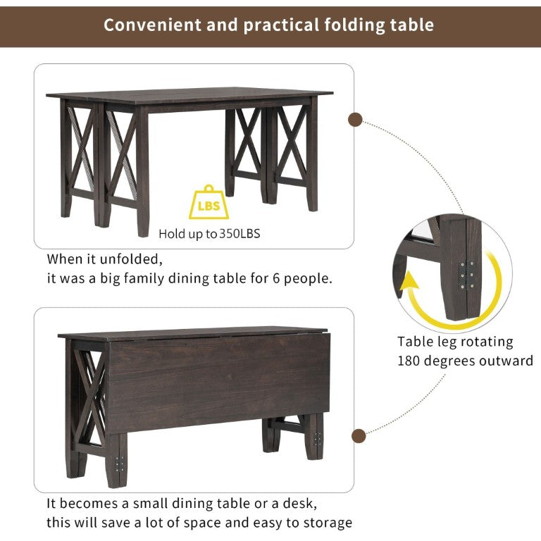 English Elm Trexm Six Piece Solid Rubberwood Foldable Dining Set with Bench Espresso Finish ST000046AAP-2026