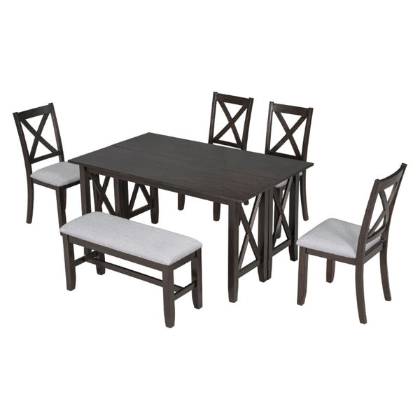 English Elm Trexm Six Piece Solid Rubberwood Foldable Dining Set with Bench Espresso Finish ST000046AAP-2026