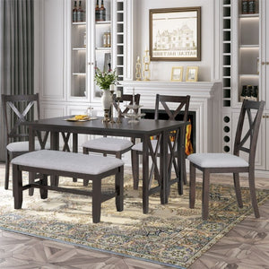 English Elm Trexm Foldable Solid Wood Six Seat Dining Set with Upholstered Chairs and Bench ST000046AAP