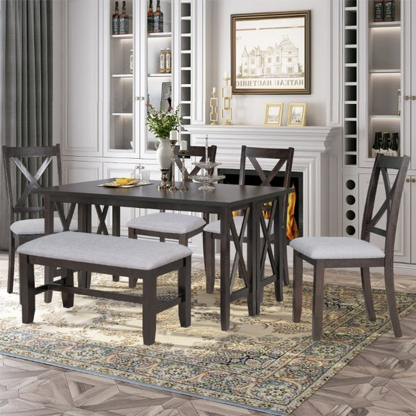 English Elm Trexm Foldable Solid Wood Six Seat Dining Set with Upholstered Chairs and Bench ST000046AAP