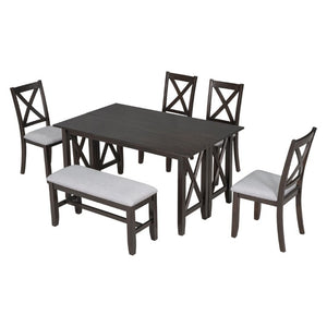 English Elm Trexm Foldable Solid Wood Six Seat Dining Set with Upholstered Chairs and Bench ST000046AAP