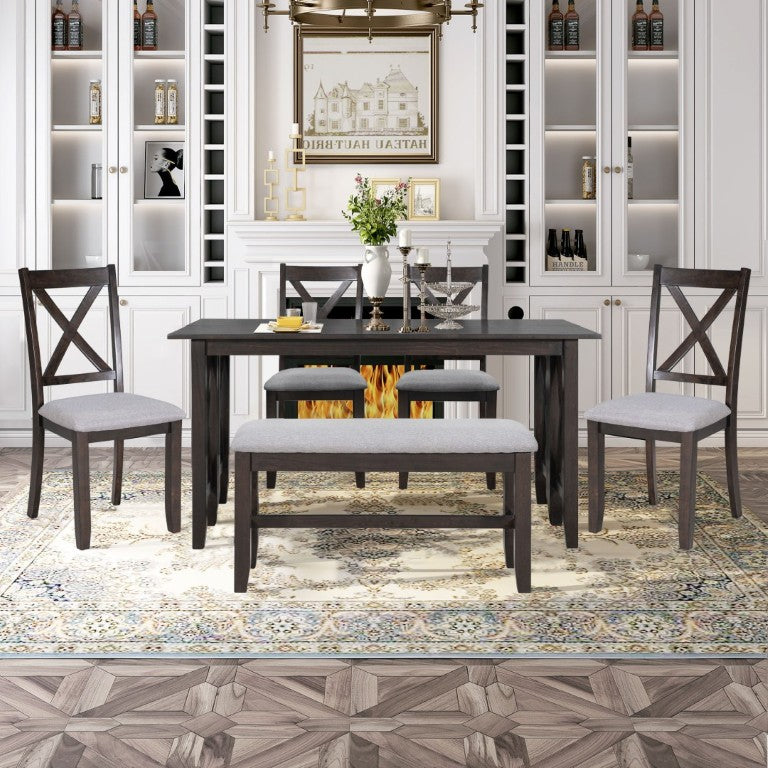 English Elm Trexm Foldable Solid Wood Six Seat Dining Set with Upholstered Chairs and Bench ST000046AAP