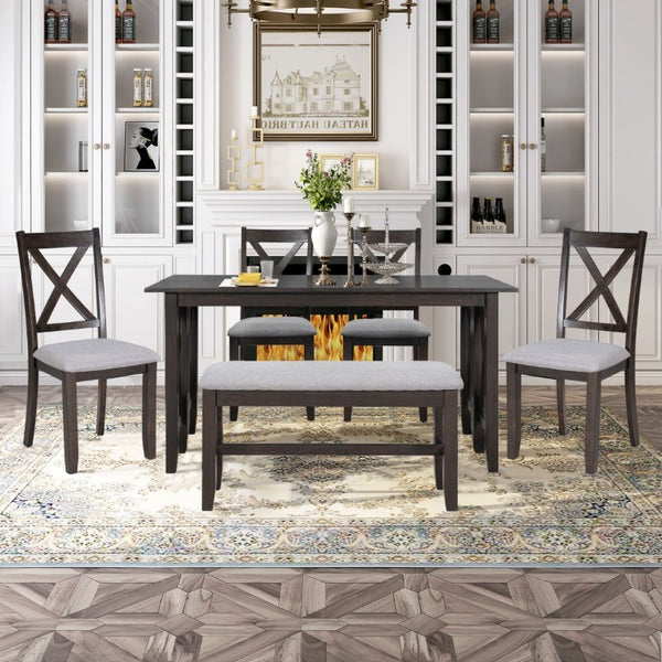 English Elm Trexm Foldable Solid Wood Six Seat Dining Set with Upholstered Chairs and Bench ST000046AAP