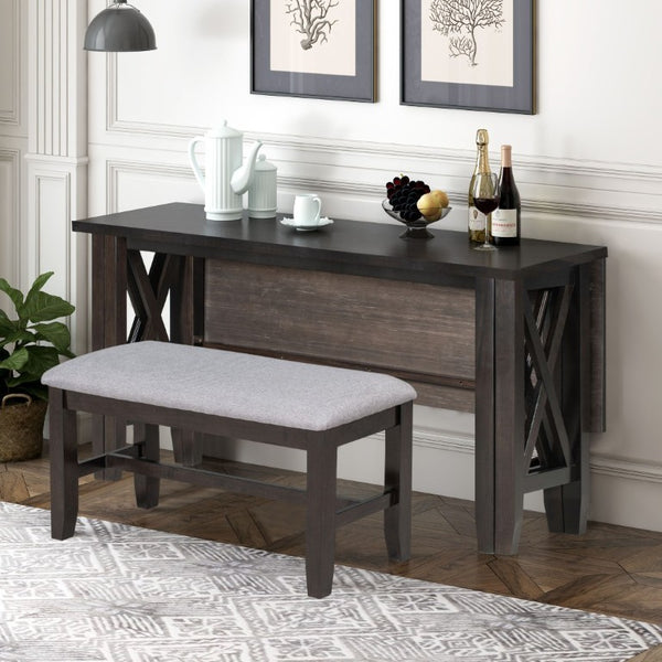 English Elm Trexm Foldable Solid Wood Six Seat Dining Set with Upholstered Chairs and Bench ST000046AAP