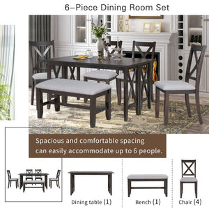 English Elm Trexm Foldable Solid Wood Six Seat Dining Set with Upholstered Chairs and Bench ST000046AAP