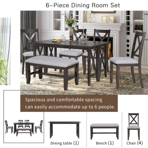 English Elm Trexm Foldable Solid Wood Six Seat Dining Set with Upholstered Chairs and Bench ST000046AAP