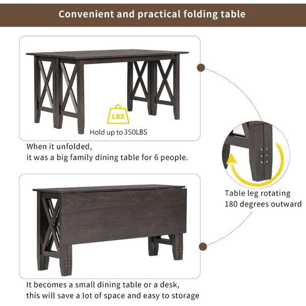 English Elm Trexm Foldable Solid Wood Six Seat Dining Set with Upholstered Chairs and Bench ST000046AAP