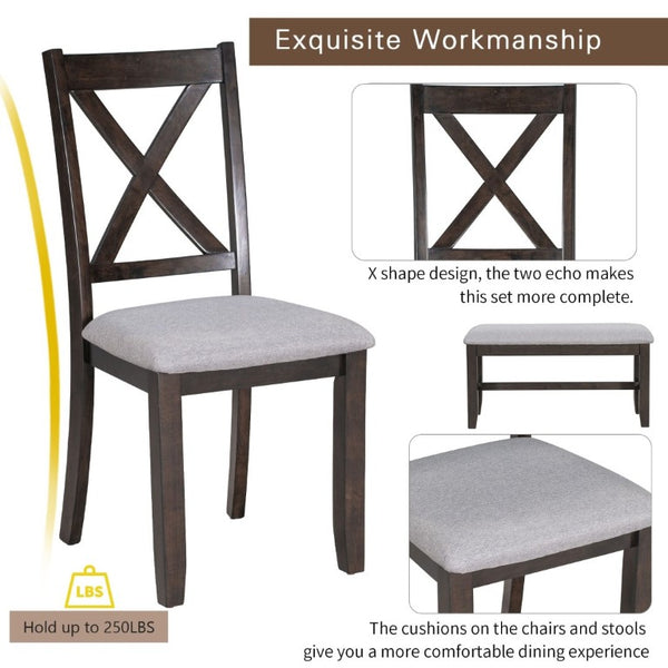 English Elm Trexm Foldable Solid Wood Six Seat Dining Set with Upholstered Chairs and Bench ST000046AAP