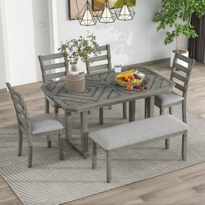 English Elm Trexm 6 Piece Acacia Veneer Dining Set with Wire Brushed Rubberwood Frame and Cushioned Chairs Grey ST000049AAE-2026