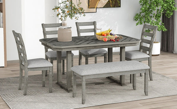 English Elm Trexm 6 Piece Acacia Veneer Dining Set with Wire Brushed Rubberwood Frame and Cushioned Chairs Grey ST000049AAE-2026