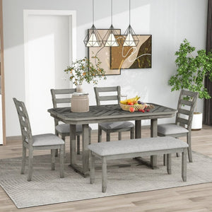 English Elm Trexm 6 Piece Acacia Veneer Dining Set with Wire Brushed Rubberwood Frame and Cushioned Chairs Grey ST000049AAE-2026