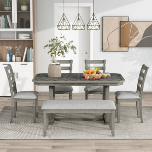 English Elm Trexm 6 Piece Acacia Veneer Dining Set with Wire Brushed Rubberwood Frame and Cushioned Chairs Grey ST000049AAE-2026