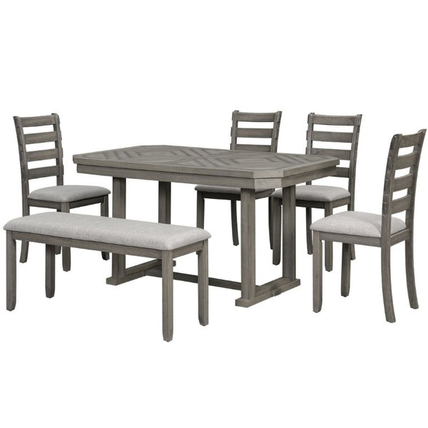 English Elm Trexm 6 Piece Acacia Veneer Dining Set with Wire Brushed Rubberwood Frame and Cushioned Chairs Grey ST000049AAE-2026