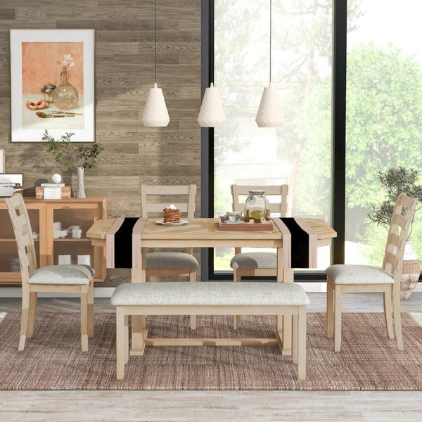 English Elm Trexm 6 Piece Acacia Veneer Dining Set with Wire Brushed Rubberwood Frame and Cushioned Chairs Natural ST000049AAN-2026