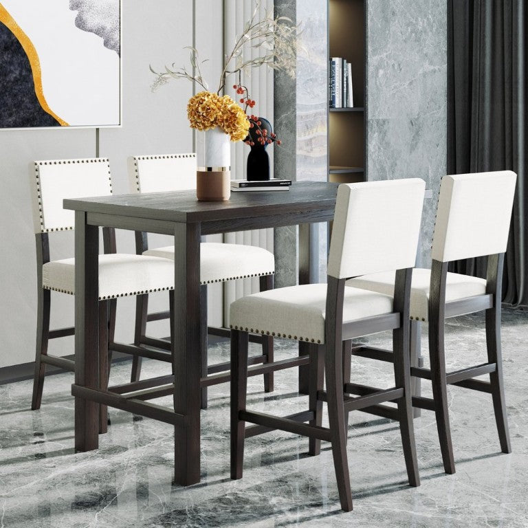English Elm Trexm Counter Height Dining Set with Nailhead Chairs Espresso Wood Beige Linen ST000050AAB