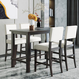 English Elm Trexm Counter Height Dining Set with Nailhead Chairs Espresso Wood Beige Linen ST000050AAB