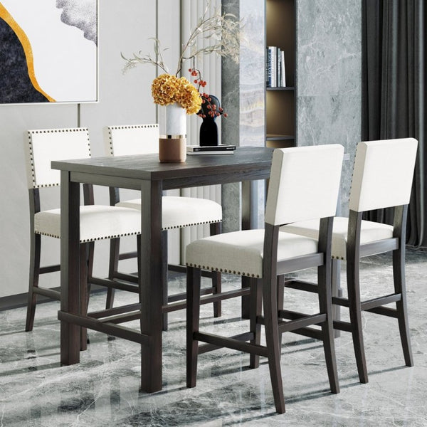 English Elm Trexm Counter Height Dining Set with Nailhead Chairs Espresso Wood Beige Linen ST000050AAB