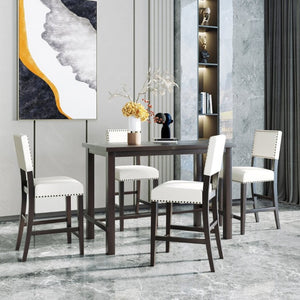 English Elm Trexm Counter Height Dining Set with Nailhead Chairs Espresso Wood Beige Linen ST000050AAB