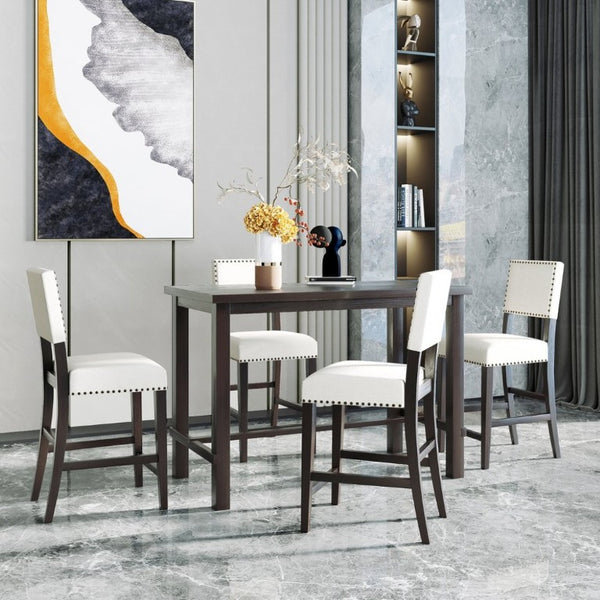English Elm Trexm Counter Height Dining Set with Nailhead Chairs Espresso Wood Beige Linen ST000050AAB